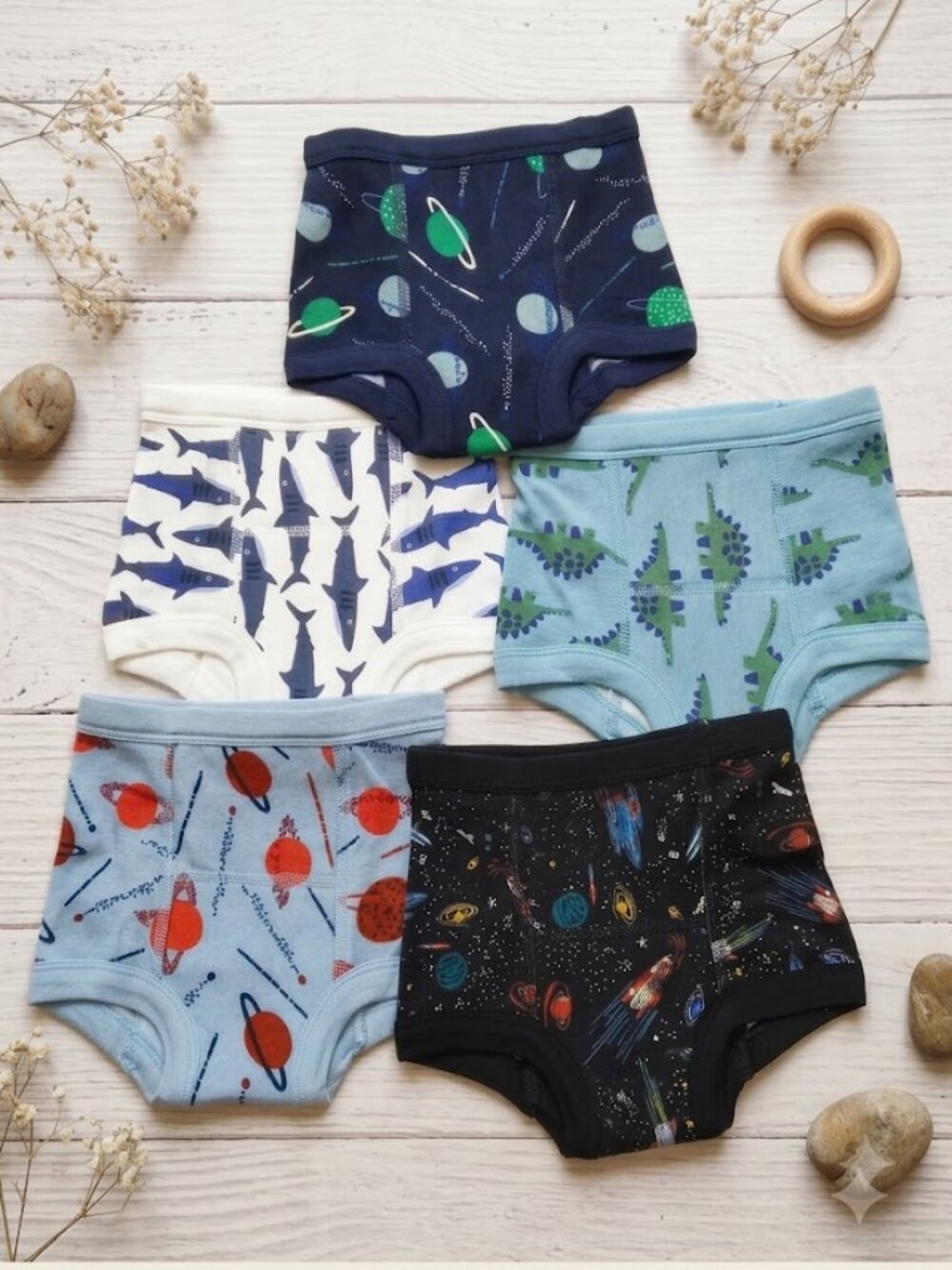 NWT Set of 5 Pack Toddler Boy Training Pants XS Galaxy Space , Dino with Sharks